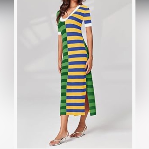 Wenrine Striped Dress Summer Knitted Scoop Neck M Color Block Casual Maxi Dress - Picture 4 of 10